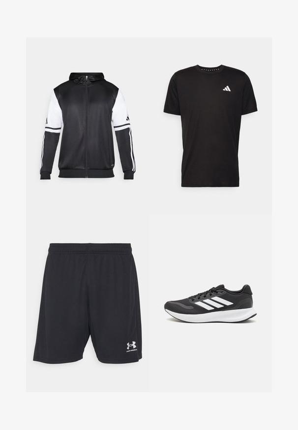 Sweatshirt preto com fecho, apresentando mangas brancas e três riscas brancas ao longo dos braços. Feito de um tecido suave e leve. Design do capuz incluído.; T-shirt de algodão preto com mangas curtas, decote redondo e um logo branco no lado esquerdo do peito. Textura suave e design simples.; Calções desportivos pretos feitos de um tecido suave, com um cós elástico. Apresenta um logotipo em prata no canto inferior direito.; Shoe de atletismo preto com parte superior em malha respirável, detalhes brancos e sola almofadada. Apresenta o logotipo das três riscas na lateral.