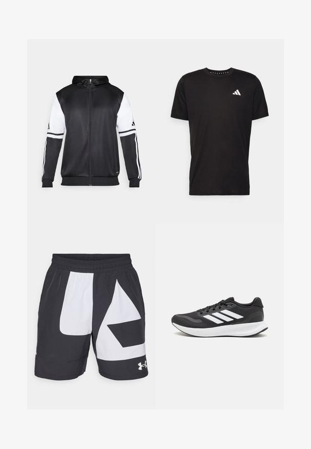 Zwarte zip-up hoodie met witte mouwen en drie witte strepen langs de armen. Gemaakt van een gladde, lichte stof. Inclusief ontwerp van de hoodie.; Zwarte katoenen t-shirt met korte mouwen, ronde hals en een wit logo op de linkerkant van de borst. Gladde textuur en eenvoudig ontwerp.; Under Armour ZONE SHORT - Korte broeken - black/white; Zwart sportief schoen met ademend mesh bovenwerk, witte accenten en een gevoerde zool. Beschikt over een logo met drie strepen aan de zijkant.