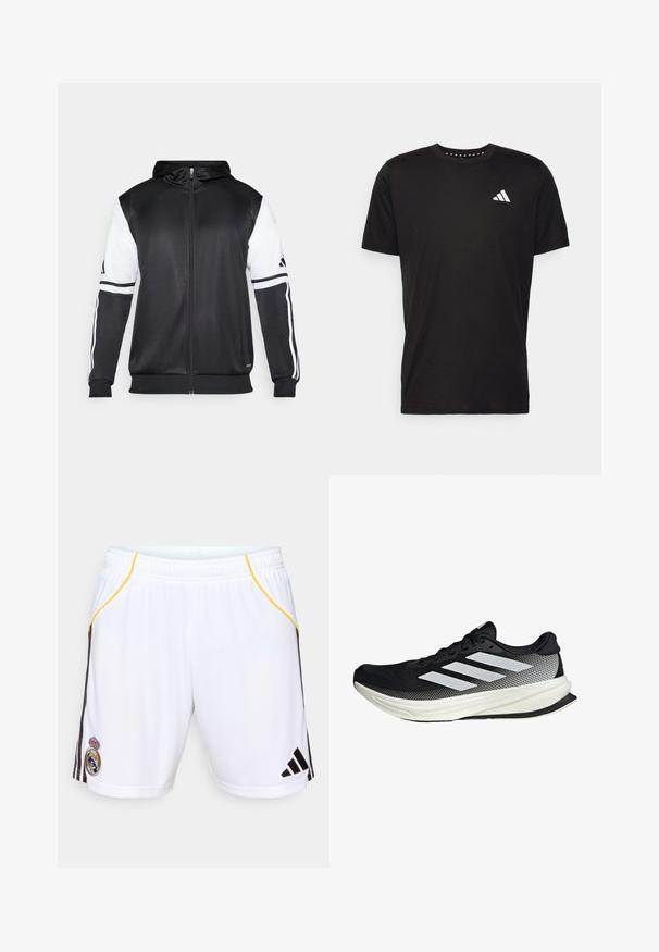 Černá mikina na zip s bílými rukávy a třemi bílými pruhy podél ramen. Vyrobena z hladkého, lehkého materiálu. Design mikiny je zahrnut.; Černé bavlněné tričko s krátkým rukávem, kulatým výstřihem a bílým logem na levé hrudi. Hladká textura a jednoduchý design.; Bílé sportovní šortky s černými bočními pruhy a žlutými akcenty, které mají vyšívaný emblém na levé noze a elastický pas.; Černá sportovní boty s síťovaným designem, s bílými pruhy, zaoblenou špičkou a texturovanou podrážkou pro lepší přilnavost a oporu.