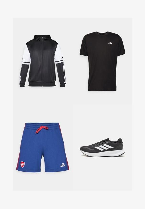 Must eltavõttega must kapuutsiga sviiter, millel on valged varrukad ja kolm valget triipu mööda käsi. Valmistatud siledast ja kergest kangast. Kapuutsi disain on kaasatud.; Must must ka t-särk lühikeste varrukatega, ümmarguse kaelusega ja valge logoga vasakul rinnal. Sile tekstuur ja lihtne disain.; Sinised spordilühemikud punase paelaga ja külgedel triipudega. Vasakul jalal on Arsenal'i logo ja paremal Adidas'e logo.; Mustmust valmistatud õhulise võrgu ülemise osa, valgete aktsentidega ja pehme tallaga must sportlik king. Küljel on kolm triipu kujutav logo.