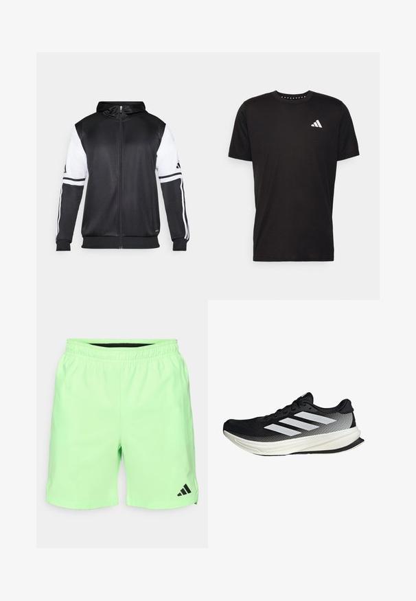 Schwarze Zip-Hoodie mit weißen Ärmeln und drei weißen Streifen entlang der Arme. Hergestellt aus einem glatten, leichten Stoff. Hoodie-Design enthalten.; Schwarzes Baumwoll-T-Shirt mit kurzen Ärmeln, Rundhalsausschnitt und einem weißen Logo auf der linken Brust. Glatte Textur und einfaches Design.; Hellgrüne Sportshorts mit einem elastischen Bund, seitlichen Taschen und einem schwarzen Adidas-Logo auf der unteren linken Seite. Glattes, leichtes Material.; Schwarzer Sportschuh mit einem Mesh-Design, ausgestattet mit weißen Streifen, einer runden Zehenpartie und einer strukturierten Sohle für Grip und Unterstützung.