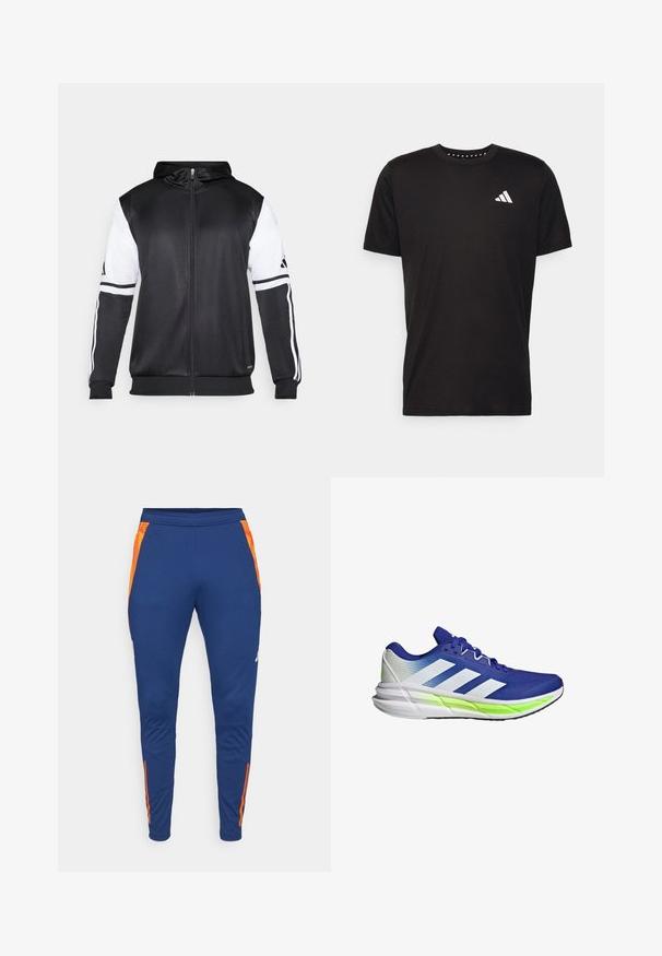 Schwarze Zip-Hoodie mit weißen Ärmeln und drei weißen Streifen entlang der Arme. Hergestellt aus einem glatten, leichten Stoff. Hoodie-Design enthalten.; Schwarzes Baumwoll-T-Shirt mit kurzen Ärmeln, Rundhalsausschnitt und einem weißen Logo auf der linken Brust. Glatte Textur und einfaches Design.; Marinefarbene Sporthosen mit orangenseitlichen Akzenten, schmalem Schnitt, elastischem Bund und glatter Oberfläche. Enthält dezente Markenkennzeichnung am Bein.; Blauer Sportschuh mit weißen Akzenten, Mesh-Obermaterial und gepolsterter Sohle, die durch einen neongrünen Streifen hervorgehoben wird. Verfügt über ein geschwungenes Design.