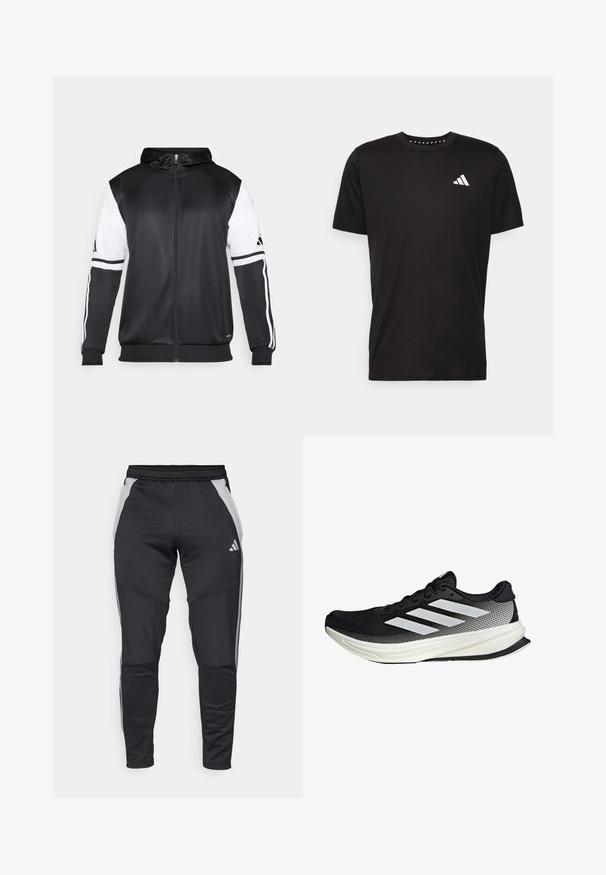 Black zip-up hoodie featuring white sleeves and three white stripes along the arms. Made from a smooth, lightweight fabric. Hoodie design included.; Black cotton t-shirt with short sleeves, crew neckline, and a white logo on the left chest. Smooth texture and simple design.; Black athletic pants made of textured fabric, featuring gray side panels, elastic waistband, and three white accent stripes on the sides.; Black athletic shoe with a mesh design, featuring white stripes, a rounded toe, and a textured sole for grip and support.