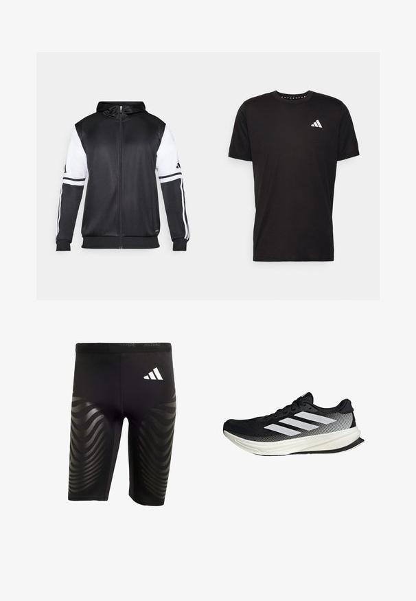 Mustapohjainen vetsaritakki, jossa on valkoiset hihnat ja kolme valkoista raitaa hihassa. Valmistettu sileästä, kevyestä kankaasta. Mukana hupparisuunnittelu.; Musta puuvillapaita lyhyillä hihoilla, pyöreä pääntie ja valkoinen logo vasemmassa rinnassa. Sujuva rakenne ja yksinkertainen muotoilu.; Musta urheilu shortsit, joissa on joustava malli, sivuilla kiiltävä aalto-kuvio ja valkoinen logo vyötäröllä.; Musta urheilukengä, jossa on verkkomaisia yksityiskohtia, valkoiset raidat, pyöristetty kärki ja pintakuvioitu pohja pidon ja tuen tarjoamiseksi.