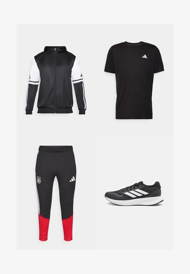 Black zip-up hoodie featuring white sleeves and three white stripes along the arms. Made from a smooth, lightweight fabric. Hoodie design included.; Black cotton t-shirt with short sleeves, crew neckline, and a white logo on the left chest. Smooth texture and simple design.; Black athletic pants with red lower accents, white side stripes, featuring a round logo and four stars on the left thigh. Made from stretchy material.; Black athletic shoe with breathable mesh upper, white accents, and a cushioned sole. Features three stripes logo on the side.