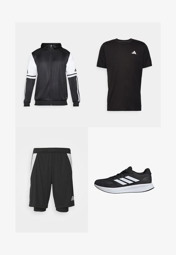 Zwarte zip-up hoodie met witte mouwen en drie witte strepen langs de armen. Gemaakt van een gladde, lichte stof. Inclusief ontwerp van de hoodie.; Zwarte katoenen t-shirt met korte mouwen, ronde hals en een wit logo op de linkerkant van de borst. Gladde textuur en eenvoudig ontwerp.; Zwarte sportieve shorts van lichtgewicht stof, met witte zijpanelen, een elastische tailleband en een reflecterend logo aan de onderlinkerkant.; Zwarte sportschoen met witte strepen, bovenwerk van mesh, gevoerde zool en gestructureerde accenten. Voorzien van een vetersluiting en merkl logo op de tong.