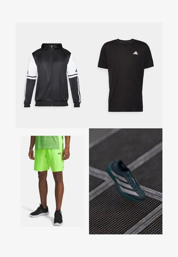 Must eltavõttega must kapuutsiga sviiter, millel on valged varrukad ja kolm valget triipu mööda käsi. Valmistatud siledast ja kergest kangast. Kapuutsi disain on kaasatud.; Must must ka t-särk lühikeste varrukatega, ümmarguse kaelusega ja valge logoga vasakul rinnal. Sile tekstuur ja lihtne disain.; Neoonrohelised spordilühikesed püksid elastse vöökoha ja küljetaskutega, koos mustade jooksujalatsitega, millel on tekstuuriga pealmine osa ja valged tallad.; Tumed teal sportjalats tekstuuriga ülemise osaga, millega kaasneb kolm valget triipu, ümar varvas ja pehmendusega tallad.