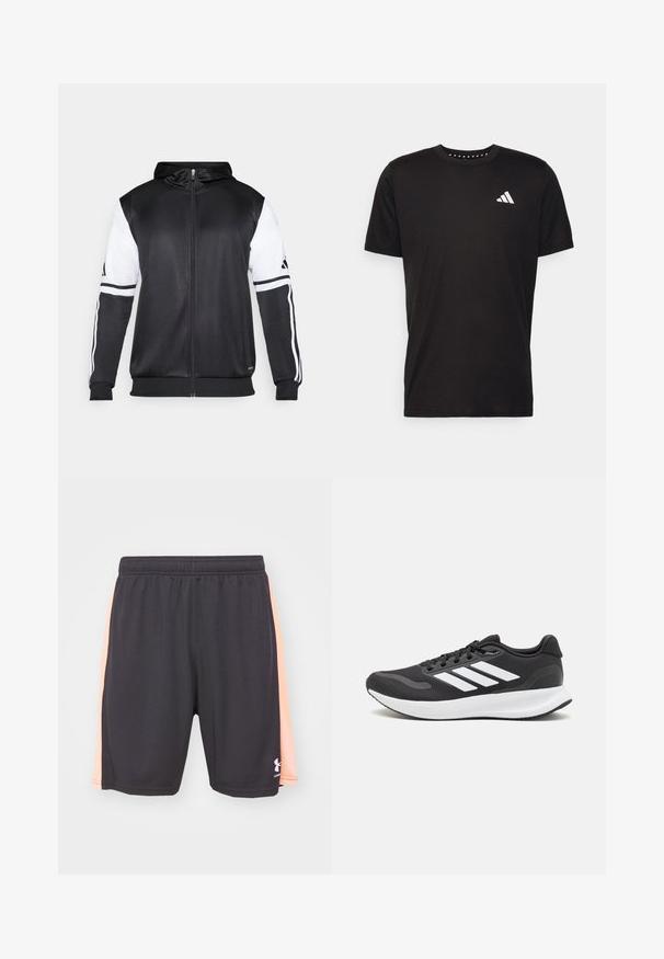 Sweatshirt preto com fecho, apresentando mangas brancas e três riscas brancas ao longo dos braços. Feito de um tecido suave e leve. Design do capuz incluído.; T-shirt de algodão preto com mangas curtas, decote redondo e um logo branco no lado esquerdo do peito. Textura suave e design simples.; Calções atléticos pretos com painéis laterais em pêssego e cintura elástica, apresentando um logo branco da Under Armour na parte inferior da perna esquerda.; Shoe de atletismo preto com parte superior em malha respirável, detalhes brancos e sola almofadada. Apresenta o logotipo das três riscas na lateral.
