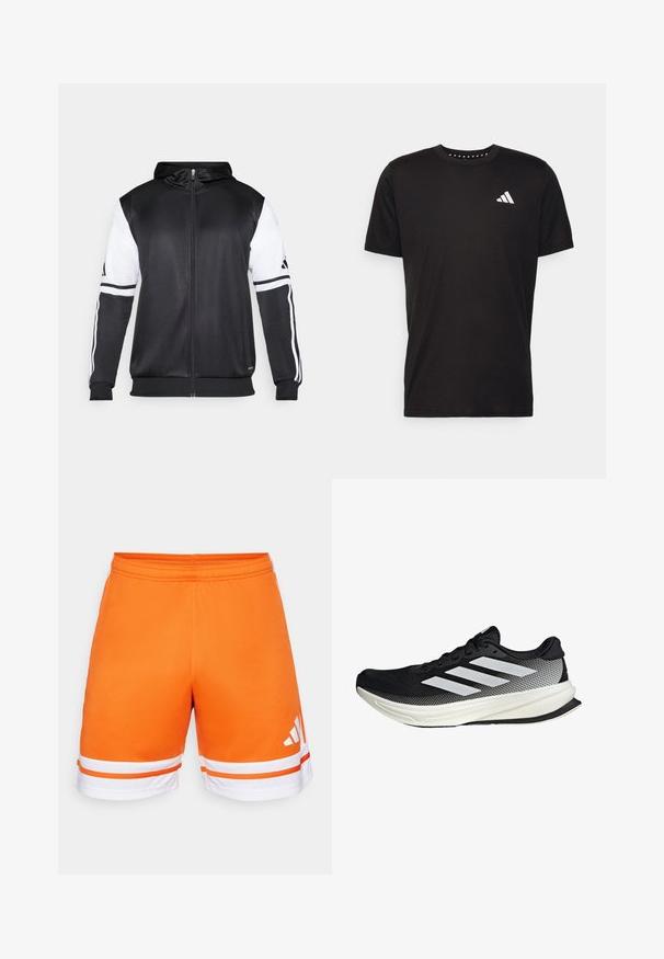 Čierna mikina s kapucňou na zips s bielymi rukávmi a tromi bielymi pruhmi pozdĺž rúk. Vyrobená z hladkej, ľahkej tkaniny. Design mikiny je zahrnutý.; Čierne bavlnené tričko s krátkymi rukávmi, klasickým výstrihom a bielym logom na ľavej strane hrude. Hladká textúra a jednoduchý dizajn.; Oranžové športové šortky s hladkým povrchom, elastickým pásom a bielymi pruhmi na spodnom okraji. Na boku je logo s tromi pruhmi v bielej farbe.; Čierna atletická topánka s dizajnom z mriežky, s bielymi prúžkami, zaoblenou špičkou a textúrovanou podrážkou pre lepšiu priľnavosť a podporu.