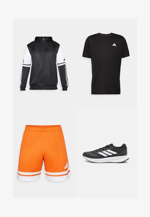 Black zip-up hoodie featuring white sleeves and three white stripes along the arms. Made from a smooth, lightweight fabric. Hoodie design included.; Black cotton t-shirt with short sleeves, crew neckline, and a white logo on the left chest. Smooth texture and simple design.; Orange athletic shorts featuring a smooth texture, elastic waistband, and white stripes at the hem. Three stripes logo in white on the side.; Black athletic shoe with breathable mesh upper, white accents, and a cushioned sole. Features three stripes logo on the side.