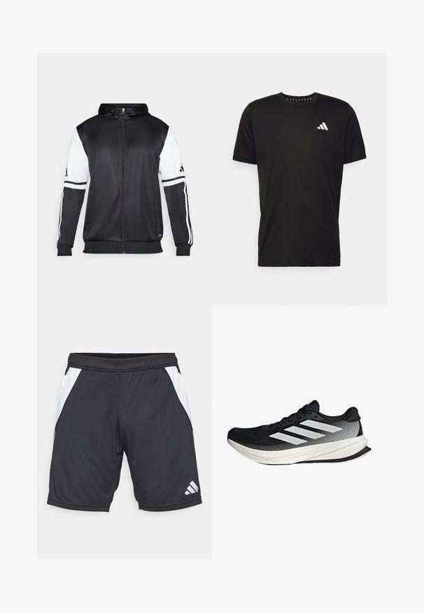 Czarna bluza z kapturem na zamek z białymi rękawami i trzema białymi paskami wzdłuż ramion. Wykonana z gładkiego, lekkiego materiału. Zawiera wzór bluzy z kapturem.; Czarna bawełniana koszulka z krótkim rękawem, okrągłym dekoltem i białym logo na lewej piersi. Gładka tekstura i prosty design.; Czarne sportowe szorty wykonane z lekkiego materiału, z białymi panelami bocznymi i logo Adidas na dolnym prawym rogu. W komplecie elastyczny pas.; Czarny but sportowy z siateczkowym wzorem, z białymi paskami, zaokrąglonym noskiem i teksturowaną podeszwą dla lepszej przyczepności i wsparcia.