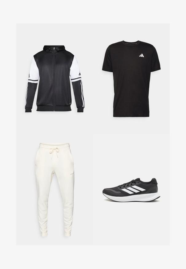 Fekete zipzáras kapucnis pulóver, fehér ujjakkal és három fehér csíkkal a karokon. Simább, könnyű anyagból készült. A kapucnis pulóver dizájnja is benne van.; Fekete pamut póló rövid ujjal, kerek nyakkivágással, bal mellrészen fehér logóval. Sima textúra és egyszerű dizájn.; Fehér melegítőnadrág puha anyagból, rugalmas derékkal, zsinórral, oldalsó zsebekkel és bordás mandzsettákkal.; Fekete sportcipő légáteresztő hálós felsőrésszel, fehér kiegészítőkkel és párnázott talppal. Az oldalon három csíkkal ellátott logó található.
