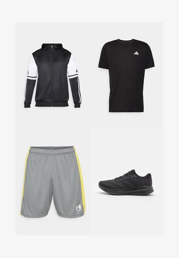 Svart hettegenser med glidelås som har hvite ermer og tre hvite striper langs armene. Laget av et glatt, lett stoff. Designet inkluderer hettegenseren.; Svart bomulls t-skjorte med korte ermer, rund hals og en hvit logo på venstre bryst. Glatt tekstur og enkelt design.; Grå atletiske shorts med gule sidelister og elastisk midjebånd, med en hvit Under Armour-logo på nederste høyre bein.; Svart idrettssko med mesh-overdel, gummisåle, teksturert design og tre striper på siden. Skummende polstring for komfort.