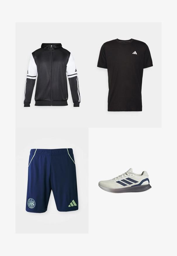 Crna dukserica s patentnim zatvaračem koja ima bijele rukave i tri bijele pruge duž ruku. Napravljena od glatkog, laganog materijala. Uključeni dizajn kapuljače.; Crna pamučna majica s kratkim rukavima, okruglim izrezom i bijelim logotipom na lijevoj strani prsnog koša. Glatka tekstura i jednostavan dizajn.; Mornarske atletske kratke hlače s zelenim akcentima, elastičnom strukom, bočnim džepovima, oznakom logotipa i trostrukim dizajnom na donjoj nozi.; Svijetlosivi atletski model cipela s teksturiranim mrežastim gornjim dijelom, mornarsko plava tri pruge dizajn, i sivi gumeni potplat ergonomski oblikovan.