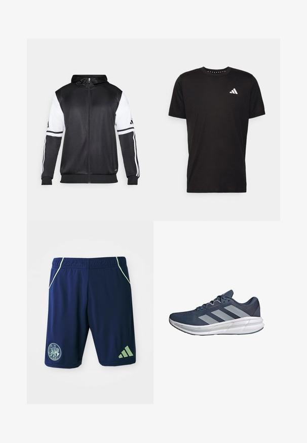 Mustapohjainen vetsaritakki, jossa on valkoiset hihnat ja kolme valkoista raitaa hihassa. Valmistettu sileästä, kevyestä kankaasta. Mukana hupparisuunnittelu.; Musta puuvillapaita lyhyillä hihoilla, pyöreä pääntie ja valkoinen logo vasemmassa rinnassa. Sujuva rakenne ja yksinkertainen muotoilu.; Siniset urheilushortsit vihreillä yksityiskohdilla, joustava vyötärö, sivutaskut, logopatch ja kolmisauva-muotoilu alhaalla.; adidas Performance QUESTAR - Katujuoksukengät - preloved ink halo silver shadow navy