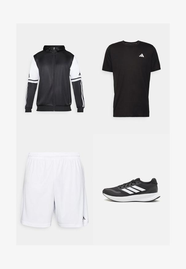 Mustapohjainen vetsaritakki, jossa on valkoiset hihnat ja kolme valkoista raitaa hihassa. Valmistettu sileästä, kevyestä kankaasta. Mukana hupparisuunnittelu.; Musta puuvillapaita lyhyillä hihoilla, pyöreä pääntie ja valkoinen logo vasemmassa rinnassa. Sujuva rakenne ja yksinkertainen muotoilu.; Valkoiset urheilushortsit, jotka on valmistettu kevyestä kankaasta. Niissä on joustava vyötärö ja musta logokorostus vasemmassa alareunassa.; Mustat urheilukengät hengittävällä verkkosella yläosalla, valkoisilla yksityiskohdilla ja pehmustetulla pohjalla. Sivussa on kolme raitaa -logo.