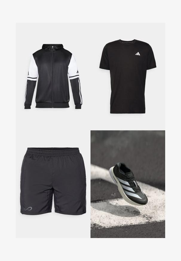Must eltavõttega must kapuutsiga sviiter, millel on valged varrukad ja kolm valget triipu mööda käsi. Valmistatud siledast ja kergest kangast. Kapuutsi disain on kaasatud.; Must must ka t-särk lühikeste varrukatega, ümmarguse kaelusega ja valge logoga vasakul rinnal. Sile tekstuur ja lihtne disain.; Endless SHORT STORM - Spordišortsid - black; Must mustad jalanijook, millel on kolm valget triipu, tekstuuriga ülemine osa, elegantne disain ja kumer tall, asetatud valgele joonele asfaltpinnal.