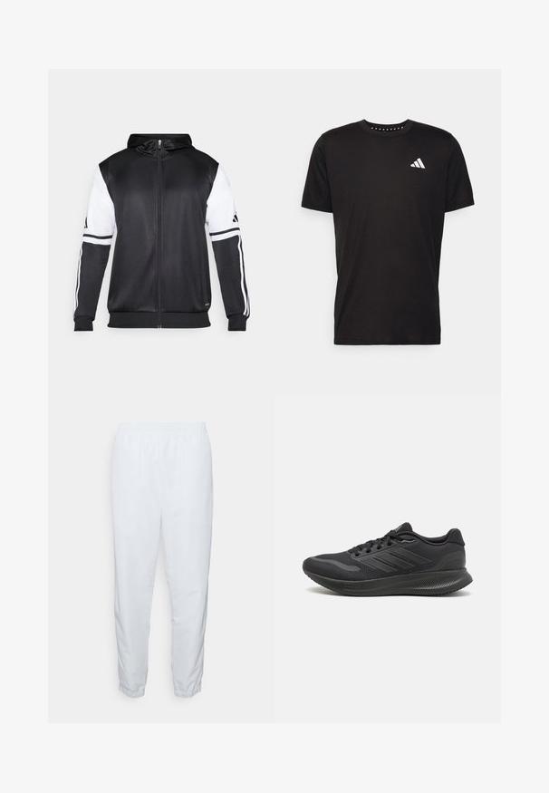 Sweatshirt preto com fecho, apresentando mangas brancas e três riscas brancas ao longo dos braços. Feito de um tecido suave e leve. Design do capuz incluído.; T-shirt de algodão preto com mangas curtas, decote redondo e um logo branco no lado esquerdo do peito. Textura suave e design simples.; Calças brancas, leves, com cintura elástica, pernas afuniladas e punhos elásticos. Textura suave, sem padrões visíveis ou peças de metal.; Tênis atléticos pretos com parte superior em malha, acabamentos em tecido suave, bico redondo, cadarços planos e sola de borracha texturizada para aderência.