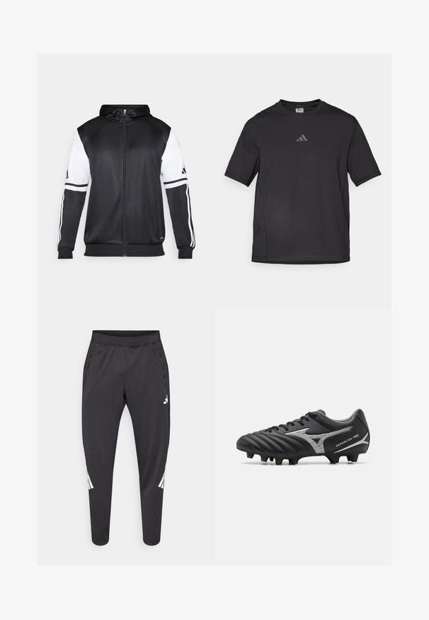 Hoodie zippé noir avec des manches blanches et trois bandes blanches le long des bras. Fabriqué en tissu lisse et léger. Design de hoodie inclus.; T-shirt de sport noir en matériau respirant, à manches courtes, avec un col rond et un logo réfléchissant sur la poitrine.; Pantalon de sport noir à jambes fuselées, taille élastique, poches latérales, avec un logo blanc et des détails à rayures. Confectionné dans un matériau lisse et léger.; Crampon de football noir avec un supérieur synthétique texturé, des accents argentés et un design à lacets. Dispose d'une semelle moulée avec des crampons visibles pour une traction optimale.