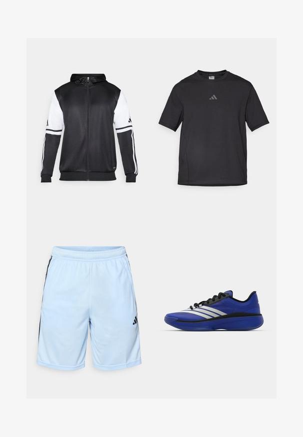 Svart hettegenser med glidelås som har hvite ermer og tre hvite striper langs armene. Laget av et glatt, lett stoff. Designet inkluderer hettegenseren.; Svart atletisk t-skjorte laget av pustende materiale, med korte ermer, rund hals og et reflekterende logo på brystet.; adidas Performance Sports shorts - glow blue/black; adidas Performance ADIZERO SELECT 3.0 - Basketballsko - lucid blue/core black/metallic