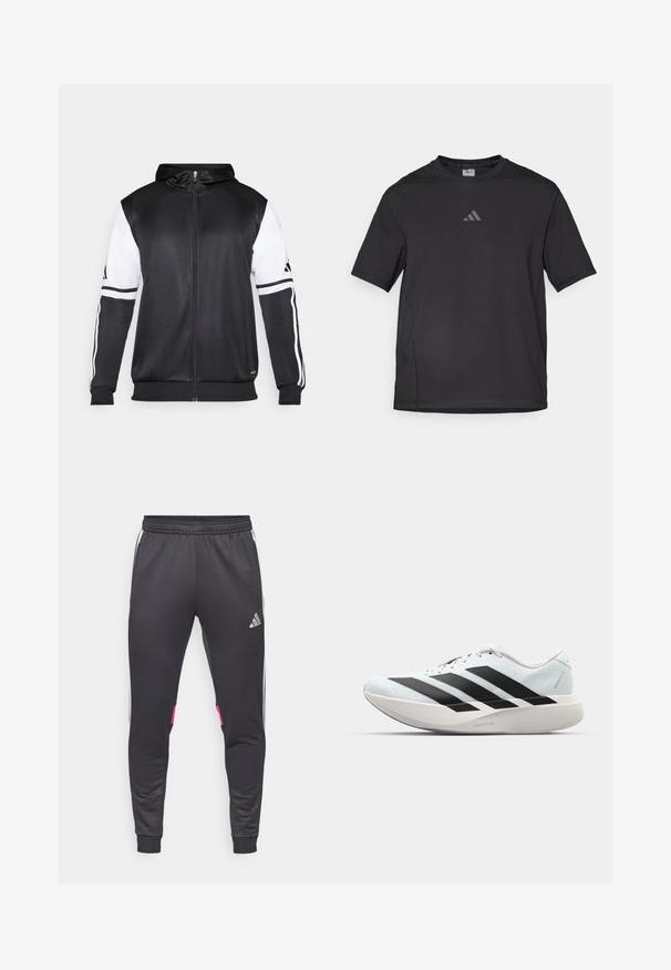 Sweatshirt preto com fecho, apresentando mangas brancas e três riscas brancas ao longo dos braços. Feito de um tecido suave e leve. Design do capuz incluído.; T-shirt atlético preto feito de material respirável, com mangas curtas, decote redondo e um logótipo refletor no peito.; Calças atléticas negras com um cós elástico, pernas ajustadas, laterais brancas e detalhes rosas nas coxas. Feitas de um tecido suave.; Tênis de corrida leves em azul pálido com riscas pretas. Apresentam um cabedal liso, bico redondo e uma entressola espessa branca rotulada como "LIGHTSTRIKE PRO."