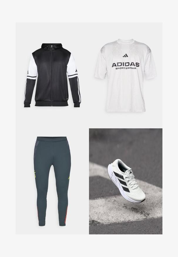 Crna dukserica s patentnim zatvaračem koja ima bijele rukave i tri bijele pruge duž ruku. Napravljena od glatkog, laganog materijala. Uključeni dizajn kapuljače.; adidas Sportswear TIRO TEE - Majica kratkih rukava s printom - grey one/black; Prilagođene tamnosive atletske hlače s glatkom teksturom; sadrže mrežaste bočne panele, neon zelenu oznaku i crvene akcentne pruge duž donjih nogu.; Bjela atletska cipela s mrežastim gornjim dijelom s teksturom, crnim prugama, vezanjem na vezice i podstavljenim potplatom, lebdi iznad označene ceste.