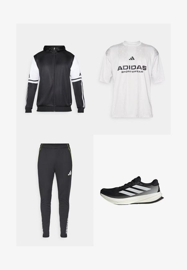 Svart zip-up hoodie med vita ärmar och tre vita ränder längs armarna. Tillverkad av ett mjukt och lätt tyg. Design av hoodie ingår.; adidas Sportswear TIRO TEE - T-shirt med print - grey one/black; Svarta träningsbyxor med slim fit, med en vit logotyp, gröna detaljer och vita sidostrecker längs de nedre benen. Mjuk tygkvalitet.; Svart atletisk sko med nätmönster, som har vita ränder, rund tå och en strukturerad sula för grepp och stöd.