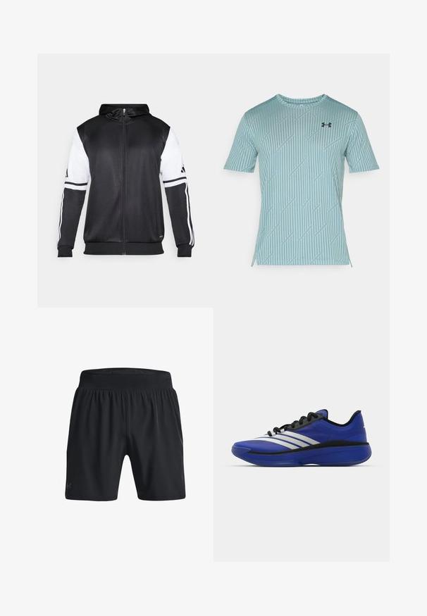 Svart zip-up hoodie med vita ärmar och tre vita ränder längs armarna. Tillverkad av ett mjukt och lätt tyg. Design av hoodie ingår.; Ljusblå kortärmad skjorta tillverkad av lätt andas material. Har diagonala ribbade mönster och en liten svart logotyp på bröstet.; Svarta träningsshorts med elastisk midja, tillverkade av lättviktigt tyg. Har en slät yta och en subtil logotyp längst ner till vänster.; adidas Performance ADIZERO SELECT 3.0 - Basketsko - lucid blue/core black/metallic