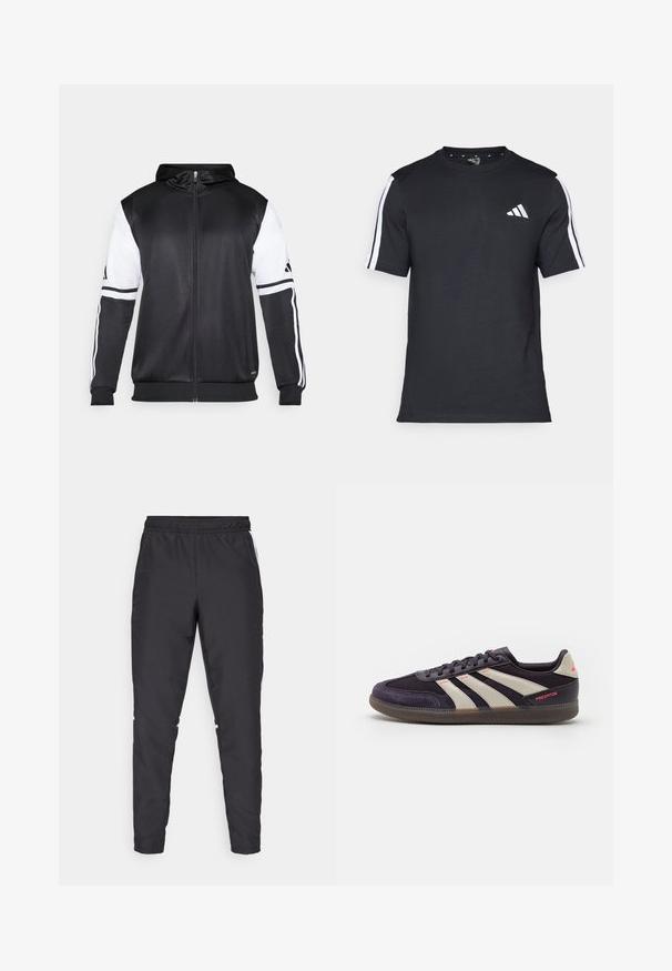 Sudadera con cremallera negra con mangas blancas y tres franjas blancas a lo largo de los brazos. Fabricada con un tejido suave y ligero. Diseño de sudadera incluido.; Camiseta negra de algodón de mangas cortas, con rayas blancas en los hombros y un logo blanco en el lado izquierdo del pecho.; Pantalones deportivos negros con cintura elástica, piernas ajustadas y acentos laterales blancos. Hechos de material sintético con textura suave.; adidas Performance PREDATOR FREESTYLE INDOOR - Botines de fútbol para césped - aurora black/alumina/turbo