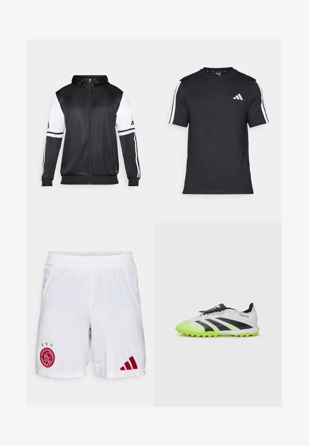 Black zip-up hoodie featuring white sleeves and three white stripes along the arms. Made from a smooth, lightweight fabric. Hoodie design included.; Black T-shirt made of cotton with short sleeves, featuring white stripes on the shoulders and a white logo on the left chest.; adidas Performance AJAX AMSTERDAM HOME SHORT - Club wear - white; White and black soccer cleat with neon green accents. Textured upper, black stripes, and molded studs on a contrasting vibrant sole.
