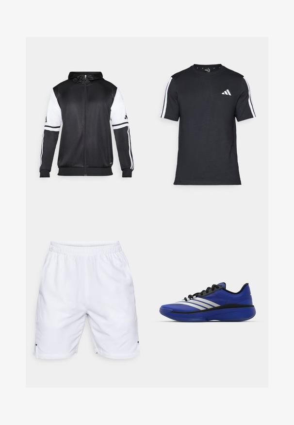 Juodas džinsinis užtrauktukas su baltais rankovėmis ir trimis baltais dryžiais ant rankų. Pagamintas iš lygaus, lengvo audinio. Džinsinio dizainas įtrauktas.; Juodas medvilninis marškinėlis trumpomis rankovėmis, su baltais dryžiais ant pečių ir baltu logo kairiajame krūtinėje.; Balti sportiniai šortai, pagaminti iš lengvos medžiagos. Yra elastinga juostos juosta ir mažos šoninės ventiliacijos angos ant apvesties. Nėra matomų raštų ar akcentų.; adidas Performance ADIZERO SELECT 3.0 - Krepšinio batai - lucid blue/core black/metallic
