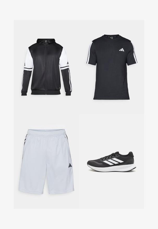 Svart hettegenser med glidelås som har hvite ermer og tre hvite striper langs armene. Laget av et glatt, lett stoff. Designet inkluderer hettegenseren.; Svart T-skjorte laget av bomull med korte ermer, med hvite striper på skuldrene og en hvit logo på venstre bryst.; adidas Performance Sports shorts - halo silver-coloured/black; Svarte sportsko med pustende mesh-overdel, hvite detaljer og en polstret såle. Har tre striper-logo på siden.