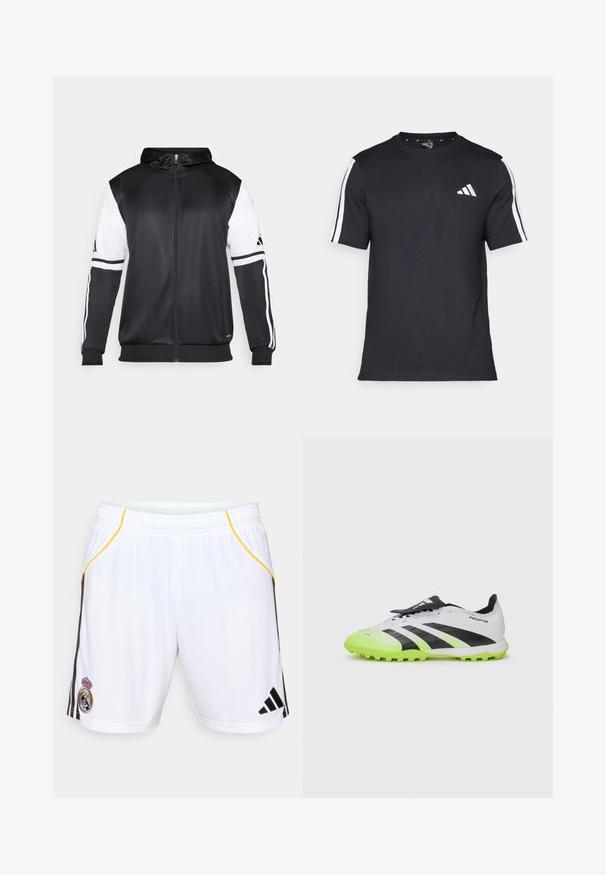 Svart zip-up hoodie med vita ärmar och tre vita ränder längs armarna. Tillverkad av ett mjukt och lätt tyg. Design av hoodie ingår.; Svart T-shirt i bomull med korta ärmar, prydd med vita ränder på axlarna och en vit logotyp på vänster bröst.; Vita idrottsshorts med svarta sidostråk och gula accenter, med en broderad emblem på vänster ben och ett elastiskt midjeband.; Vit och svart fotbollssko med neongröna detaljer. Texturerat övre, svarta ränder och formade dobbar på en kontrasterande, livlig sula.