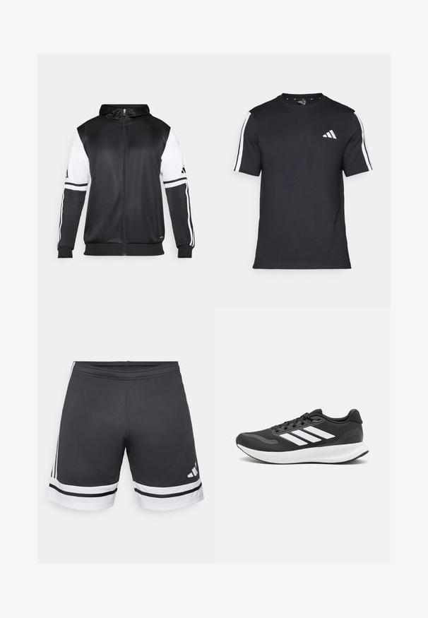 Svart hettegenser med glidelås som har hvite ermer og tre hvite striper langs armene. Laget av et glatt, lett stoff. Designet inkluderer hettegenseren.; Svart T-skjorte laget av bomull med korte ermer, med hvite striper på skuldrene og en hvit logo på venstre bryst.; Sorte atletiske shorts laget av glatt stoff. Har hvite striper nede og på sidene. Elastisk liv for komfort. Logo på den nedre siden.; Svarte sportsko med pustende mesh-overdel, hvite detaljer og en polstret såle. Har tre striper-logo på siden.