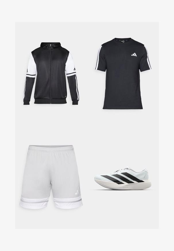 Black zip-up hoodie featuring white sleeves and three white stripes along the arms. Made from a smooth, lightweight fabric. Hoodie design included.; Black T-shirt made of cotton with short sleeves, featuring white stripes on the shoulders and a white logo on the left chest.; Light gray athletic shorts with an elastic waistband, featuring white and gray striped accents at the hem and an Adidas logo.; Lightweight running shoes in pale blue with black stripes. Features a smooth upper, round toe, and thick white midsole labeled "LIGHTSTRIKE PRO."