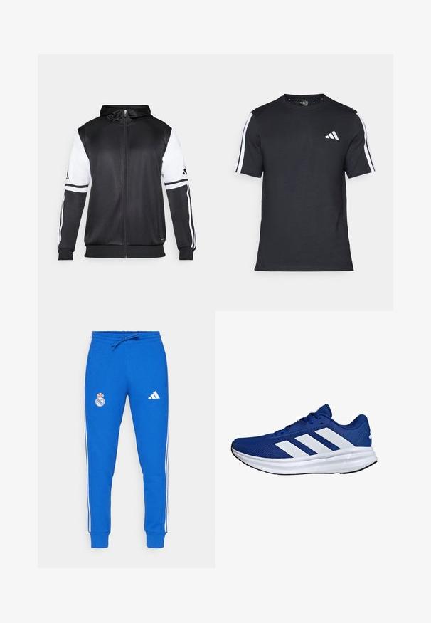 Svart zip-up hoodie med vita ärmar och tre vita ränder längs armarna. Tillverkad av ett mjukt och lätt tyg. Design av hoodie ingår.; Svart T-shirt i bomull med korta ärmar, prydd med vita ränder på axlarna och en vit logotyp på vänster bröst.; Blå sweatpants i bomullsblandning med vita sidostriper, elastisk midja och dragsko. Har Real Madrid-logotypen på vänster lår.; Blå mesh löparsko med tre vita ränder, rund tå, snörning framtill och en vadderad vit mellansula med en strukturerad svart sula.