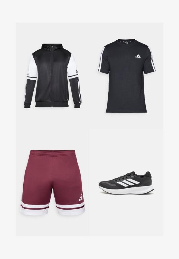 Hanorac negru cu fermoar, având mâneci albe și trei dungi albe pe brațe. Fabricat dintr-un material neted și ușor. Designul hanoracului este inclus.; Tricou negru din bumbac, cu mâneci scurte, având dungi albe pe umeri și un logo alb pe pieptul stâng.; Shorts atletici de culoare vișinie, cu dungi albe. Textură netedă, talie elastică, cu detalii ale mărcii pe partea inferioară.; Pantof cu aspect sport de culoare neagră, cu un upper din plasă respirabilă, accente albe și o talpă amortizată. Include logo-ul cu trei dungi pe lateral.