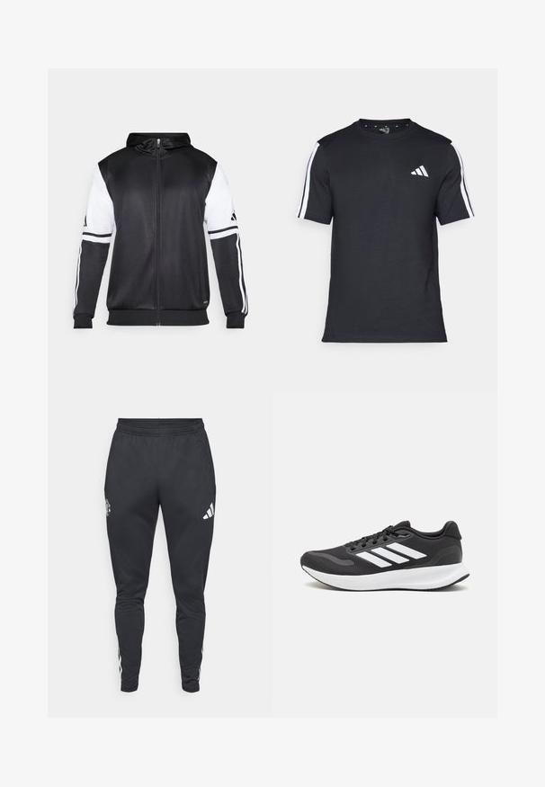 Zwarte zip-up hoodie met witte mouwen en drie witte strepen langs de armen. Gemaakt van een gladde, lichte stof. Inclusief ontwerp van de hoodie.; Zwarte T-shirt van katoen met korte mouwen, met witte strepen op de schouders en een wit logo op de linkerkant van de borst.; Zwarte atletische joggers met een elastische tailleband, ritszakken aan de zijkanten en witte Adidas-strepen langs de zijkanten. Voorzien van een logo op de dij.; Zwart sportief schoen met ademend mesh bovenwerk, witte accenten en een gevoerde zool. Beschikt over een logo met drie strepen aan de zijkant.