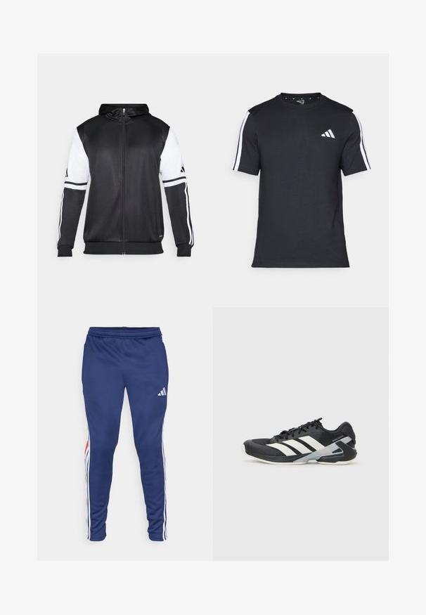 Sweatshirt preto com fecho, apresentando mangas brancas e três riscas brancas ao longo dos braços. Feito de um tecido suave e leve. Design do capuz incluído.; T-shirt preto feito de algodão, com mangas curtas, apresentando riscas brancas nos ombros e um logótipo branco no lado esquerdo do peito.; Calças de treino na cor marinha com riscas brancas nas laterais e detalhes em vermelho. Feitas de um tecido liso com um cós elástico para conforto. Apresenta o logótipo da Adidas.; Sapata atlética preta com riscas brancas, parte superior em malha, biqueira arredondada e sola acolchoada. Apresenta um calcanhar texturizado e um sistema de atacadores seguro.