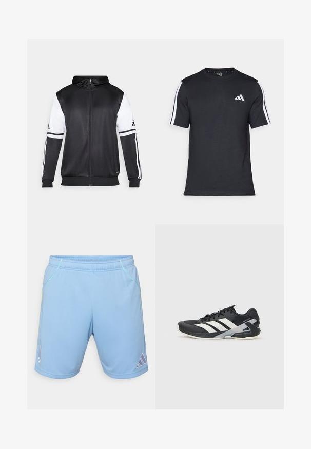 Črna zip-up kapuca z belimi rokavi in tremi belimi črtami ob rokavih. Narejena iz gladkega, lahkega materiala. Oblikovanje kapuce vključeno.; Črna majica z kratkimi rokavi iz bombaža, z belimi črtami na ramenih in belim logotipom na levem prsnem delu.; Svjetloplave atletske šortse izrađene od glatke tkanine, s kontrastnim žutim šavovima i Adidas logotipom na donjoj strani.; Črne atletske čevlje z belimi črtami, mrežastim zgornjim delom, zaobljenim nosom in blaženim podplatom. Imajo teksturiran petni del in varen sistem vezalk.