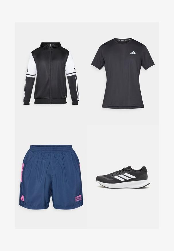 Fekete zipzáras kapucnis pulóver, fehér ujjakkal és három fehér csíkkal a karokon. Simább, könnyű anyagból készült. A kapucnis pulóver dizájnja is benne van.; Fekete sportpóló, rövid ujjú, kerek nyakkivágással, könnyű anyagból készült. Első részén fényvisszaverő Adidas logó található.; adidas Performance BER25 SHORT - Sport rövidnadrágok - collegiate navy; Fekete sportcipő légáteresztő hálós felsőrésszel, fehér kiegészítőkkel és párnázott talppal. Az oldalon három csíkkal ellátott logó található.