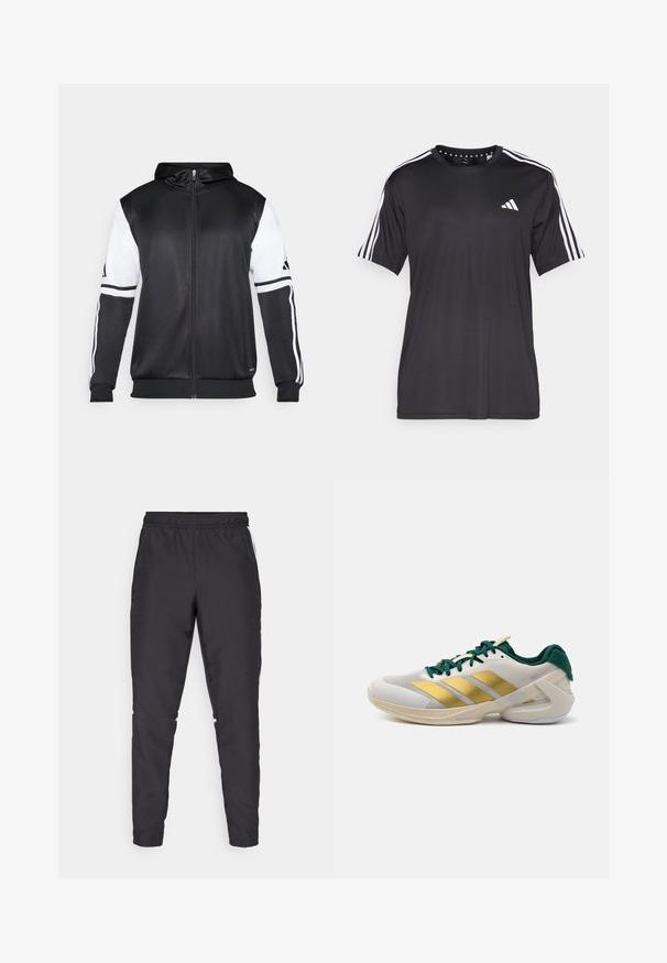 Black zip-up hoodie featuring white sleeves and three white stripes along the arms. Made from a smooth, lightweight fabric. Hoodie design included.; Black short-sleeve t-shirt with white three-stripe design on shoulders and logo on the chest. Made from breathable fabric, smooth texture.; Black athletic pants with an elastic waistband, tapered legs, and white side accents. Made of synthetic material with a smooth texture.; Shoe featuring a white mesh upper with gold stripes, green accents on the laces and heel, and a cushioned sole for support.