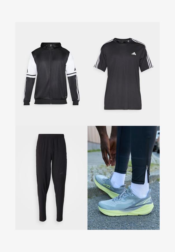 Black zip-up hoodie featuring white sleeves and three white stripes along the arms. Made from a smooth, lightweight fabric. Hoodie design included.; Black short-sleeve t-shirt with white three-stripe design on shoulders and logo on the chest. Made from breathable fabric, smooth texture.; Black athletic pants with an elastic waistband, tapered design, side pockets, and subtle logo detail. Made from flexible, breathable fabric.; Altra EXPERIENCE FLOW - Road running shoes - gray/green