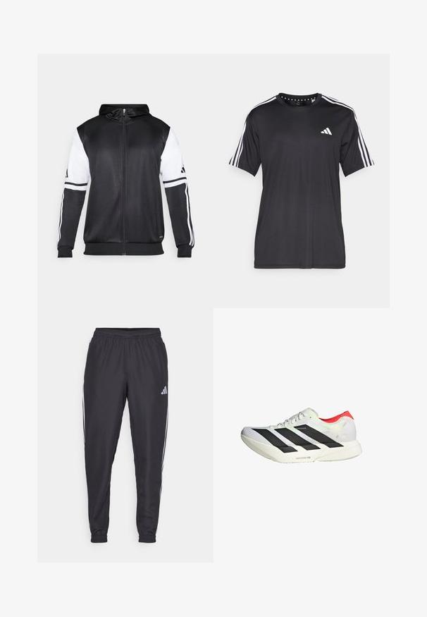 Svart zip-up hoodie med vita ärmar och tre vita ränder längs armarna. Tillverkad av ett mjukt och lätt tyg. Design av hoodie ingår.; Svart t-shirt med kort ärm och vit tre-stripes design på axlarna samt logotyp på bröstet. Tillverkad av andningsbart tyg med slät textur.; Svarta träningsbyxor med elastisk midja, med vita ränder längs sidorna och en liten logotyp på höften. Slät textur.; Vita atletisk sko med svarta diagonala ränder, röda accenter vid hälen och en texturerad ovandel; har LIGHTSTRIKE PRO dämpning.