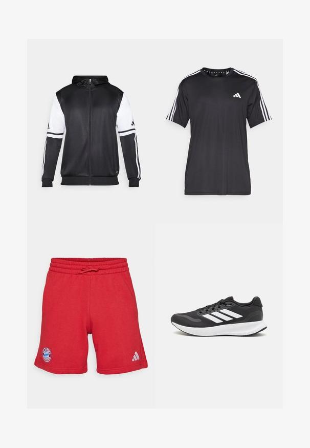 Juodas džinsinis užtrauktukas su baltais rankovėmis ir trimis baltais dryžiais ant rankų. Pagamintas iš lygaus, lengvo audinio. Džinsinio dizainas įtrauktas.; Juodas trumpas rankovėmis marškinėliai su balta trijų juostų dizainu ant pečių ir logotipu ant krūtinės. Pagaminta iš kvėpuojančios medžiagos, lygaus pynimo.; Raudoni sportiniai šortai iš minkštos, kvėpuojančios medžiagos. Turi elastingą juosmenį su raišteliu, FC Bayern München logotipą ir Adidas prekinį ženklą.; Juodas sportinis batelis su orui pralaidžia mėgintuvėliu, baltomis akcentais ir paminkštintu padu. Šone yra trijų juostų logotipas.