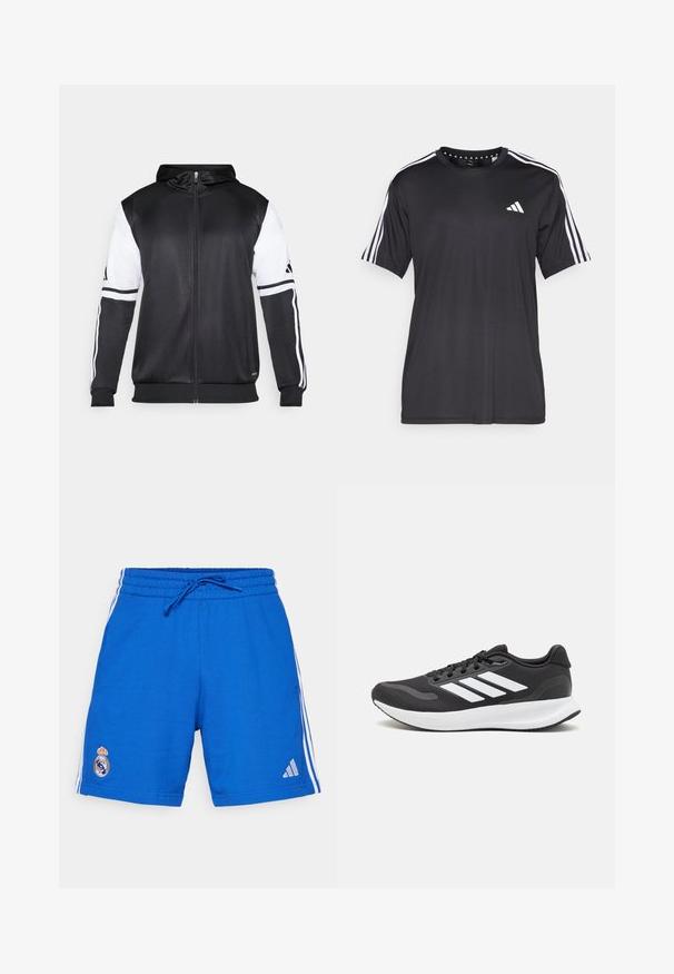 Črna zip-up kapuca z belimi rokavi in tremi belimi črtami ob rokavih. Narejena iz gladkega, lahkega materiala. Oblikovanje kapuce vključeno.; Črna majica s kratkimi rokavi z belim dizajnom treh črt na ramenih in logotipom na prsih. Narejena iz zračnega materiala, gladke teksture.; adidas Performance REAL MADRID DNAWAY SHORTS - Klubska moštva - collegiate royal; Črne športne čevlje z zračnim mrežastim zgornjim delom, belimi akcenti in oblazinjeno podplatom. Imajo tri črte logo na strani.
