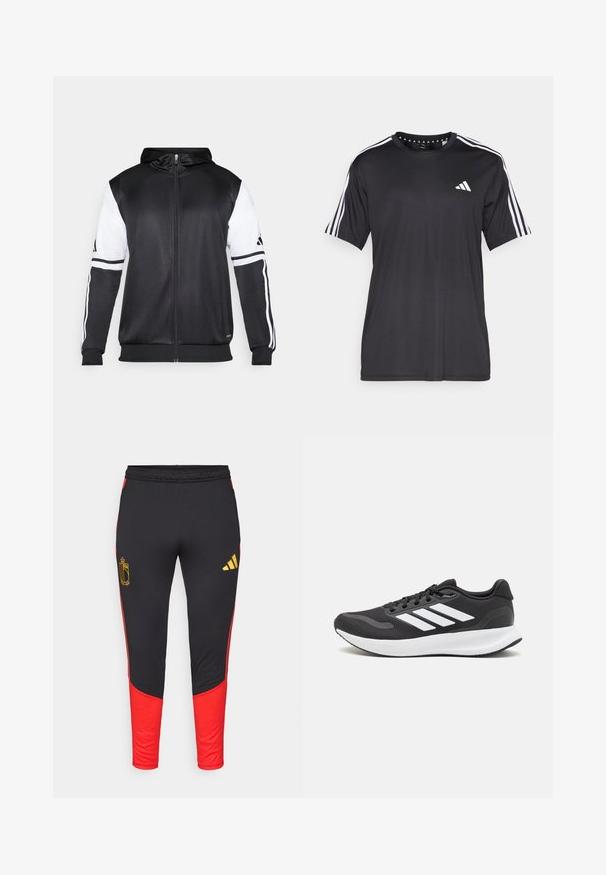 Schwarze Zip-Hoodie mit weißen Ärmeln und drei weißen Streifen entlang der Arme. Hergestellt aus einem glatten, leichten Stoff. Hoodie-Design enthalten.; Schwarzes T-Shirt mit kurzen Ärmeln und weißem Dreistrichdesign an den Schultern sowie Logo auf der Brust. Hergestellt aus atmungsaktivem Stoff, glatte Textur.; Schwarze Sporthose mit roten Seitenpaneelen, versehen mit einem goldenen Logo auf dem linken Oberschenkel und einem gelben Adidas-Logo am rechten Bein.; Schwarzer Sportschuh mit atmungsaktivem Mesh-Obermaterial, weißen Akzenten und einer gepolsterten Sohle. Mit drei Streifen-Logo an der Seite.