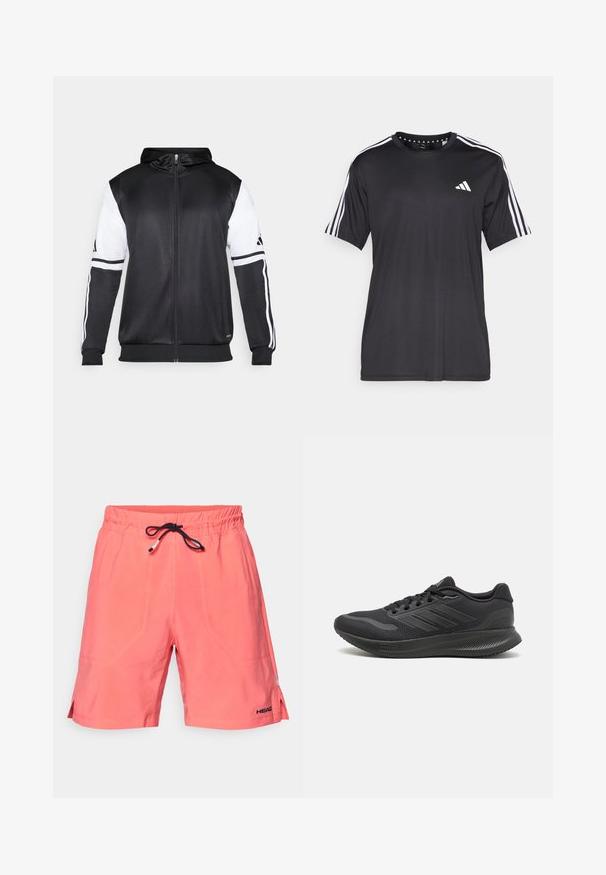 Svart zip-up hoodie med vita ärmar och tre vita ränder längs armarna. Tillverkad av ett mjukt och lätt tyg. Design av hoodie ingår.; Svart t-shirt med kort ärm och vit tre-stripes design på axlarna samt logotyp på bröstet. Tillverkad av andningsbart tyg med slät textur.; Korallfärgade badshorts i lätt tyg, med elastisk midja och extern svart dragsko, samt sidofickor och logotypdetalj.; Svarta sportskor med ovandel i mesh, släta textil detaljer, rund tå, platta snören och mönstrad gummisula för bra grepp.