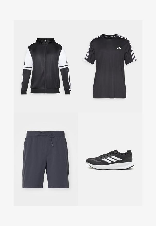 Schwarze Zip-Hoodie mit weißen Ärmeln und drei weißen Streifen entlang der Arme. Hergestellt aus einem glatten, leichten Stoff. Hoodie-Design enthalten.; Schwarzes T-Shirt mit kurzen Ärmeln und weißem Dreistrichdesign an den Schultern sowie Logo auf der Brust. Hergestellt aus atmungsaktivem Stoff, glatte Textur.; Dunkelgraue Shorts mit elastischem Bund und Kordelzug. Glattes Material, zwei Seitentaschen und knielanger Schnitt. Keine sichtbaren Muster.; Schwarzer Sportschuh mit atmungsaktivem Mesh-Obermaterial, weißen Akzenten und einer gepolsterten Sohle. Mit drei Streifen-Logo an der Seite.