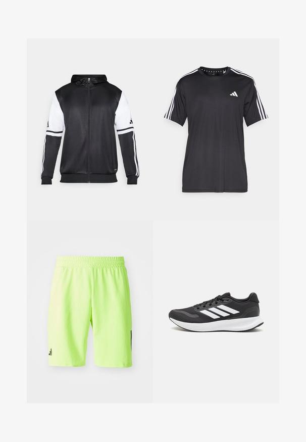 Black zip-up hoodie featuring white sleeves and three white stripes along the arms. Made from a smooth, lightweight fabric. Hoodie design included.; Black short-sleeve t-shirt with white three-stripe design on shoulders and logo on the chest. Made from breathable fabric, smooth texture.; Neon green sports shorts made from lightweight fabric. Elastic waistband for comfort. Features a black logo accent on the left leg.; Black athletic shoe with breathable mesh upper, white accents, and a cushioned sole. Features three stripes logo on the side.